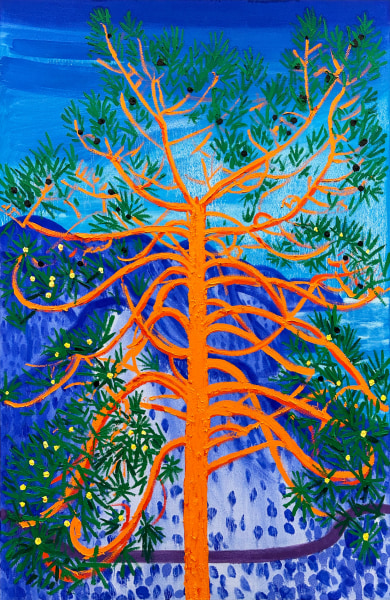 Oil painting of an orange tree preceding a blue mountain scape