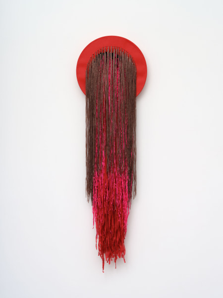 Liz Collins, Love Aqueduct, 2022, Linen, rayon, acrylic paint and wood, 53 x 16 x 3 in.