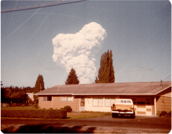 RJP.004.161: &amp;ldquo;Steam and ash eruption from Mt. St. Helena // taken from our front yard,&amp;rdquo; 7/22/1980 (cigar box)

This photo was found in a Gold Label cigar box full of family photos and an envelope containing a silver ring with a blue stone. It is curled and scratched, as if having been carried around in a jacket pocket full of rocks. The date is strange, considering Mt. St. Helena actually erupted in the spring of 1980, filling the air with crystalline free silica and boiling the nearby river.