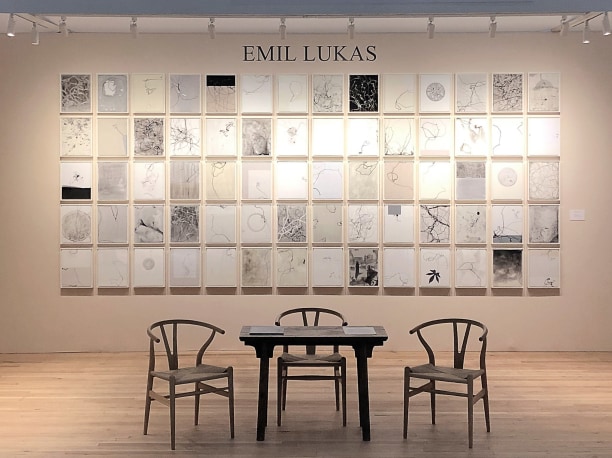 A seventy-part artwork by Emil Lukas is installed on a wall, hanging in a grid. Each part is a black and white drawing with lines and markings made by larva.