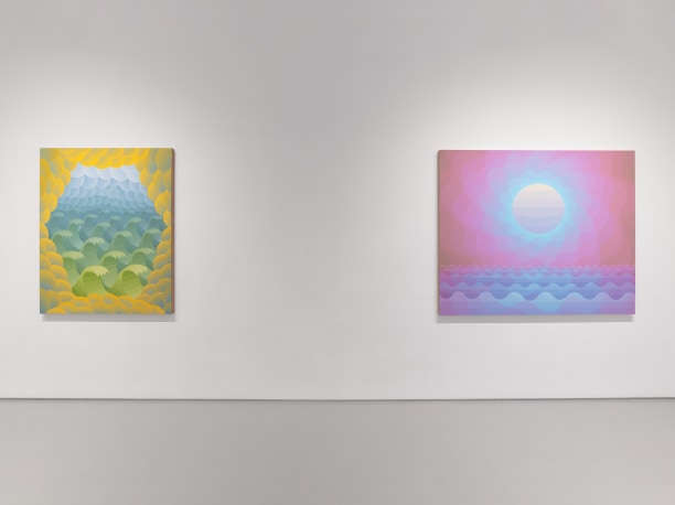 white walled gallery with yellow blue and green painting of waves framed by clouds and pink, light blue, and purple painting of a sun with waves belows