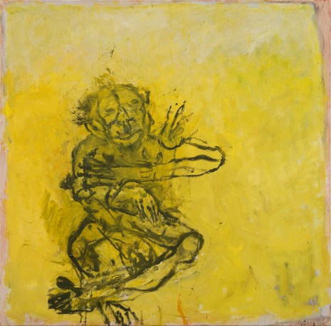 black outline of a monkey-like figure sitting with legs and arms crossed in front of a bright yellow blackground