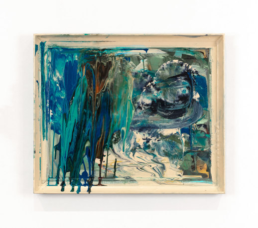 a rectangular painting with streaks of blue, cream, and brown paint dripping down the canvas and the frame