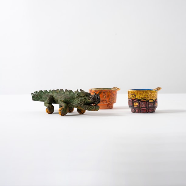 Roberto Lugo, Dragon Pipe, Tiger Ashtray (Yellow) and Tiger Ashtray (Green), 2021