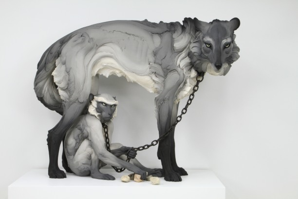 Tribute (Wolf and Monkey), 2017Stoneware, paint, hand-forged steel collars and chain46h x 58w x 31d in, SOLD