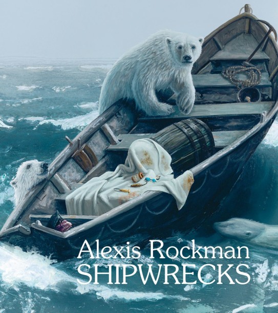 Alexis Rockman "Shipwrecks" catalogue cover with two polar bears climbing into a wooden lifeboat adrift on a turbulent sea