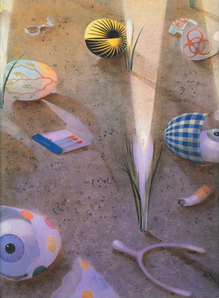 book cover illustrated with a detail of a painting showing eggshells, matches, a wishbone, eyeballs and small grasses on a sandy ground