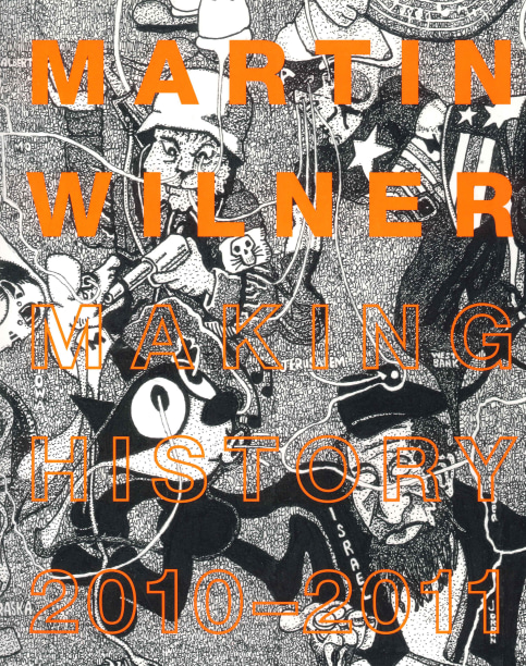book cover illustrated with black and white drawings of characters such as Felix the Cat and Captain America with the artist's name and exhibition title in orange text