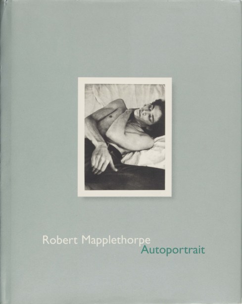Light green cover with polaroid self-portrait lying on a bed, hand on crotch, one arm across chest.