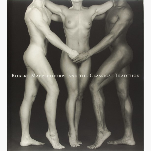 Three naked bodies, a white woman flanked by a white and a black man with their hands clasped in front of her genitals.