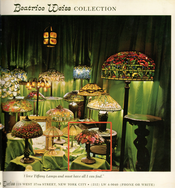 The&amp;nbsp;Virginia Creeper&amp;nbsp;Lamp is pictured in the foreground of this 1970s postcard distributed by early Tiffany dealer Beatrice Weiss; Mecom purchased the lamp directly from Weiss.&amp;nbsp;