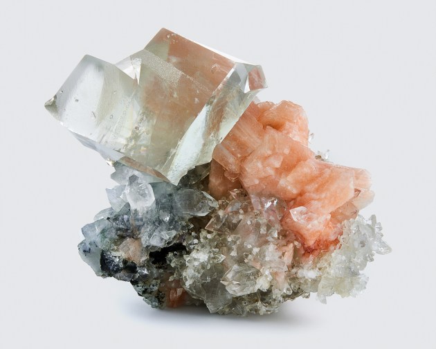 fine mineral photograph of Calcite on Stilbite & Apophyllite on a white background for Wilensky Exquisite Minerals.