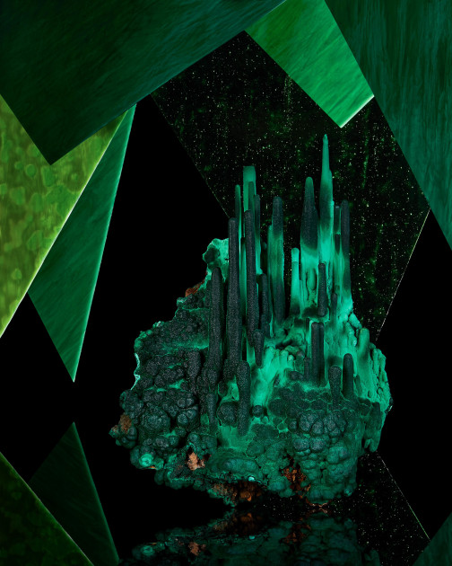 Illumination Emerald City”, Malachite Stalactites Hero, Star of the Congo Mine, Lubumbashi, Haut-Katanga, DRC 36 cm tall x 27 cm wide