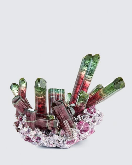 fine mineral photograph of tourmaline on a white background for Wilensky Exquisite Minerals Habits exhibtion.