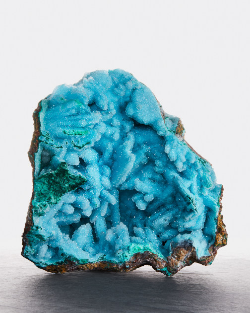 Chrysocolla after Azurite (possibly Barite) with Malachite coated with druzy Quartz