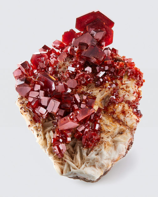 Fine Mineral photograph of vanadinite on white for wilensky exquisite minerals habits exhibition.