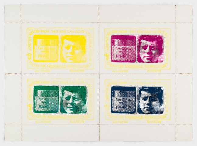 KP Brehmer

Kennedy &amp;amp; Eyecream (Briefmarkenblock) [Block of stamps]

1967

Clich&amp;eacute; print on cardboard

39 1/2 x 54 1/2 inches

100.5 x 138.5 cm