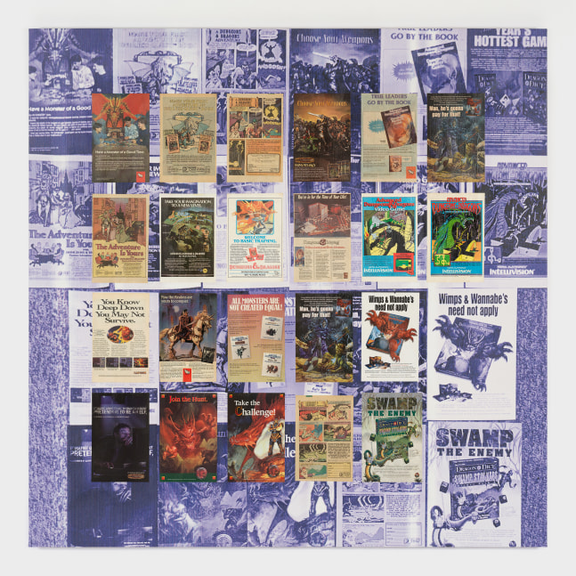 Simon Denny

Dungeon map 8: Dungeons &amp;amp; Dragons gaming advertisements 1980s-2010s

2024

UV print on canvas, PVA, original Dungeon and Dragon advertisements from 1980s-2000s on paper

59 x 59 inches

150 x 150 cm

(SD 24/013)