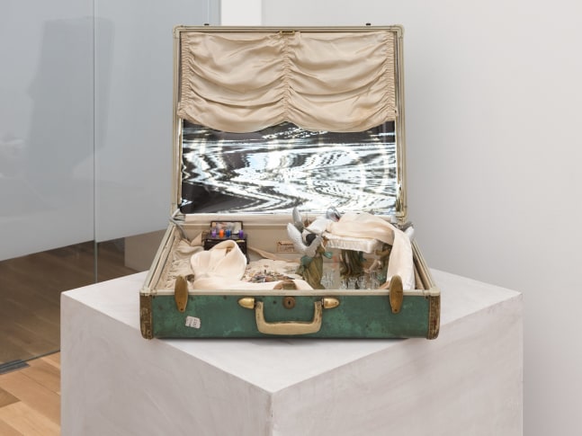 Aviva&amp;nbsp;Silverman
A Flower Cannot Exist Alone, 2022
suitcase, tiles, fabric, transparency, LED, miniature figurines (likeness of artist, angels, dresser, cups)
20.50h x 16w x 16d in
52.07h x 40.64w x 40.64d cm