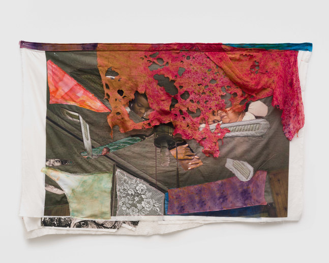 Ambrose Murray

Scraped me with your kiss, 2024

sublimation print on muslin and silk, dyed silk, acrylic, lace and batting.

36 x 54 in
91 x 137 cm