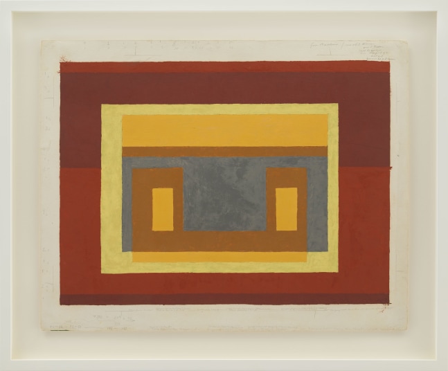 Josef Albers
Study for Variant / Adobe, 1947
Oil on blotting paper
Framed Dimensions:
24 x 29 x 2 inches
61 x 73.7 x 5.1 cm
Paper Dimensions:
19 1/8 x 24 inches
48.6 x 61 cm