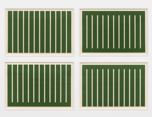 Donald Judd
Untitled, 1991
Set of four woodcuts printed in Oxide of Chromium on Mitsumata handmade paper
Framed Dimensions:
28 7/8 x 41 5/8 x 1 5/8 inches, each
73.3 x 105.7 x 4.1 cm, each
Paper Dimensions:
26 3/8 x 39 inches, each
67 x 99.1 cm, each
AP 6 of 10. Edition of 25, plus 10 AP