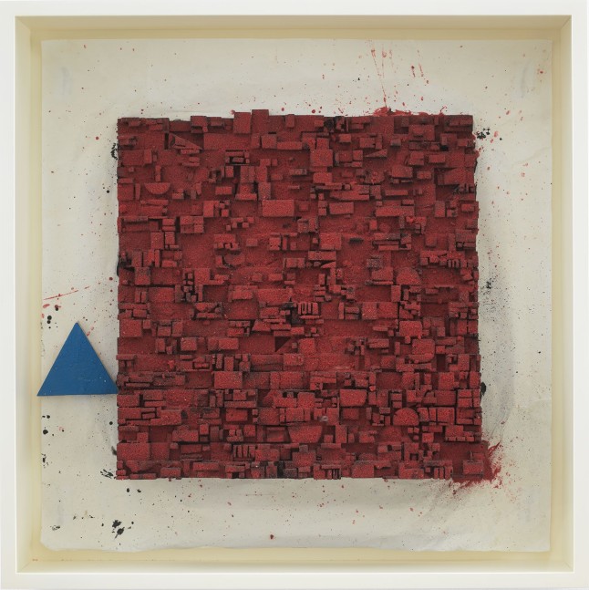 Leonardo Drew Number 124SD, 2022 Colored sand, wood and paint on paper Framed Dimensions: 38 x 38 x 8 inches 96.5 x 96.5 x 20.3 cm