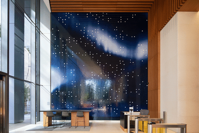 Teresita Fernández Installation view of Night Writing, 2018 Park Tower, San Francisco Glazed ceramic Site specific installation in two parts