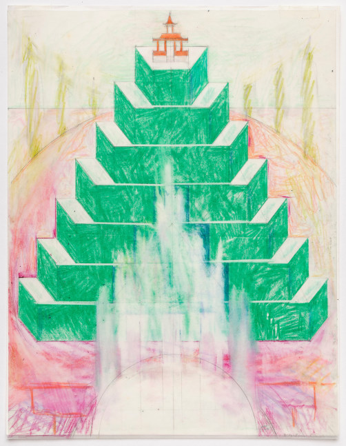Barbara Stauffacher Solomon Untitled (Japanese Pagoda Garden Folly Elevated in Part III Landscapes by Architects (front) Untitled (Japanese Pagoda Garden Folly Elevated in Part III Landscapes by Architects (back), 1980s Colored pencil on aged vellum, attached to paper 11 x 8.5 inches 28 x 21.6 cm