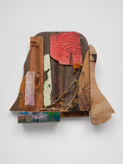 Saif Azzuz scraping by, 2022 Found wood, spray paint, thumbtack, fishing hook, wood glue, acrylic and dandelion 11 1/2 x 12 x 2 inches 29.2 x 30.5 x 5.1 cm