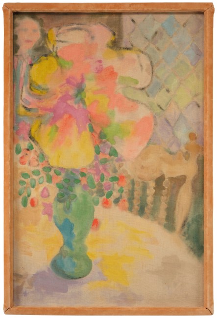 J​ess Four O'Clock Shadow of Purple Papier-Mâché, 1955 Oil wash on unsized canvas Framed Dimensions: 41 x 27 3/4 x 2 inches 104.1 x 70.5 x 5.1 cm