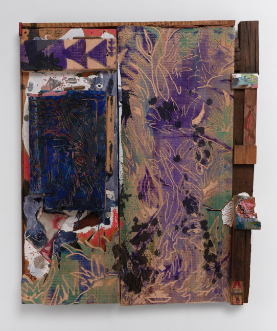 Saif Azzuz You hear what those fuckers said?, 2022 Old growth from hetch hetchy, cedar from weitchpec, acrylic, ink, vinyl, oil, found wood, nail, screws, wood glue, abalone, redwood, beads, screws, sharpie, sakura oil marker and a mouse trap 41 1/2 x 34 1/2 x 5 inches 105.4 x 87.6 x 12.7 cm