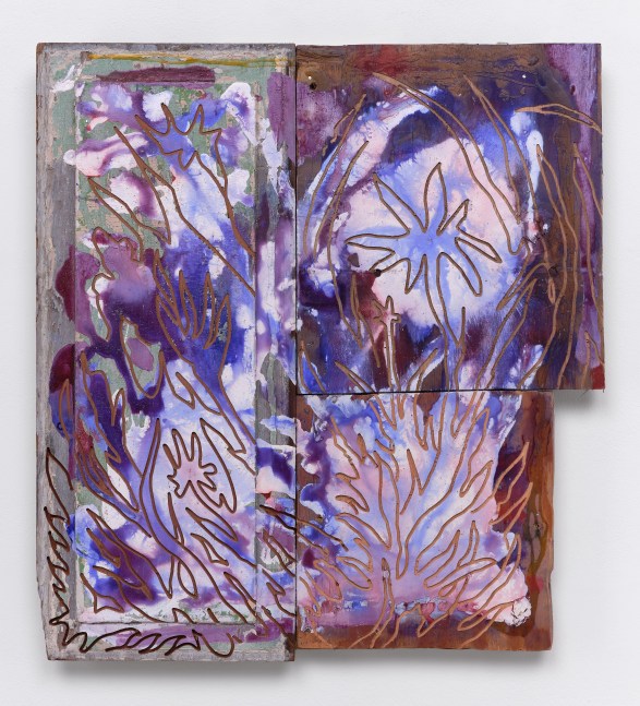 Saif Azzuz sometimes all you can do is believe, 2022 Acrylic, shellac, house paint cabinet door and plywood 26 1/2 x 24 x 2 1/2 inches 67.3 x 61 x 6.3 cm