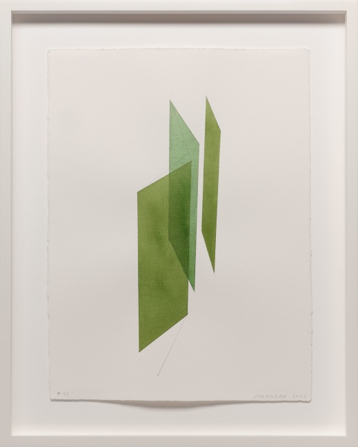 Kate Shepherd Greens, Three Planes, #75, 2022 Watercolor on Arches paper Framed Dimensions: 18 7/8 x 15 1/8 x 1 1/2 inches 47.9 x 38.4 x 3.8 cm