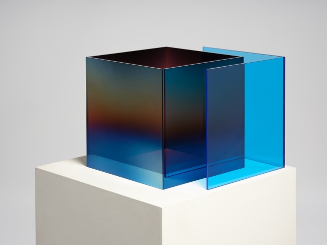 Larry Bell Untitled (Single Duo Nesting Box), 2021 Laminated glass coated with Inconel, SIO and Quartz 12 x 15 x 15 inches 30.5 x 38.1 x 38.1 cm