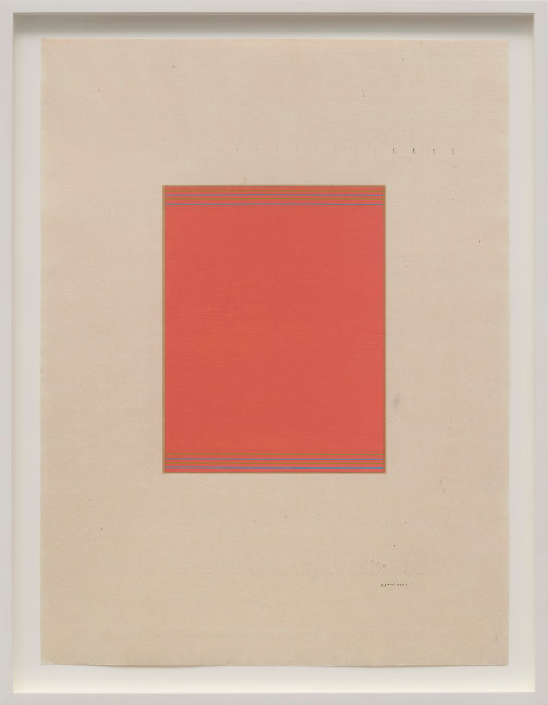 Marsha Cottrell Untitled (Coral red with blue and green lines), 2025 Archival pigment-based ink on digital ground on paper, unique Framed Dimensions: 22 3/8 x 17 3/8 x 1 3/8 inches 56.8 x 44.1 x 3.5 cm Paper Dimensions: 20 x 15 inches 50.8 x 38.1 cm