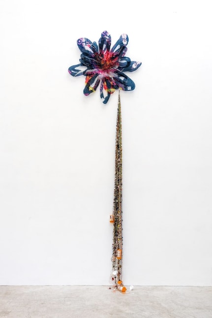 Lucy Puls Adiumentum (Panic Attack, Insomnia, Depression) In-A-Gadda-Da-Vida, Amy, 2023 Found necklaces, epoxy resin, empty Ambien prescription bottles, Trazodone 50 mg tablets, CBD gummies, Clonazepam, hardware 104 x 30 x 11 inches 264.2 x 76.2 x 27.9 cm