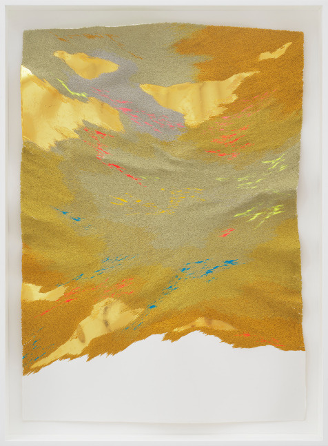 Jessie Henson Sound of the Shadow , 2023 24K gold with beva and polyester and rayon thread on paper Framed Dimensions: 45 x 33 3/8 x 3 1/8 inches 114.3 x 84.8 x 7.8 cm Paper Dimensions: 41 x 29 inches 104.1 x 73.7 cm