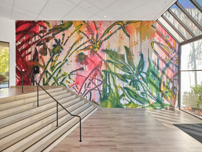 Saif Azzuz Rooted in the land, 2024 Site specific commission by Stanford​ School of Medicine 6 framed works on paper and 1 large-scale vinyl Vinyl: 28.3 x 45.5 ft Paper Dimensions: 30 x 20 1/8 inches, each 76.2 x 51.1 cm, each Framed Dimensions: 34 x 24 1/8 inches, each 86.4 x 61.3 cm, each