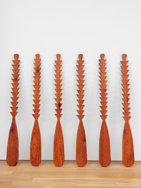 Saif Azzuz Watchu doin down here, upriver, 2024-2025 Redwood 65 x 7 x 3 inches, each 165.1 x 17.8 x 7.6 cm, each