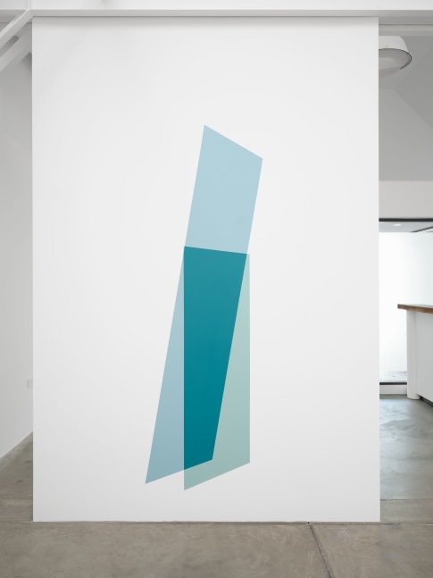 Kate Shepherd Wall painting 7, leaning planks, blue and green, 2023 Latex on wall, custom colors Dimensions variable Approximately 84 x 42 inches