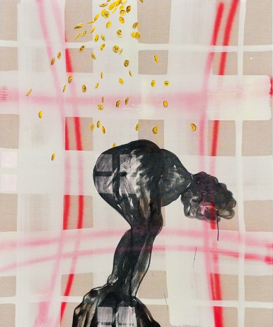 Caragh Thuring Bank Shot, 2018 Signed and dated verso Acrylic, pigment, line marker, oil, charcoal and graphite on linen 65 x 54 inches 165.1 x 137.2 cm