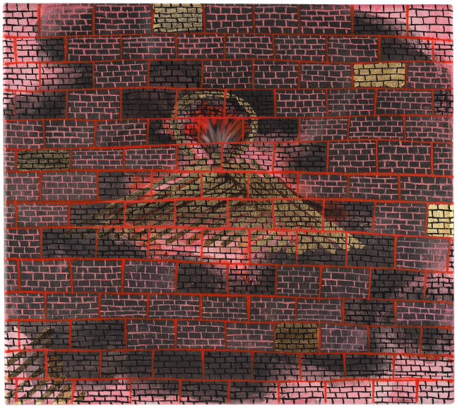 Caragh Thuring It Sticks It Judders It Jams, 2024 Acrylic gesso, acrylic, graphite, gold leaf, gouache and oil on linen 15 3/4 x 17 3/4 inches 40 x 45 cm