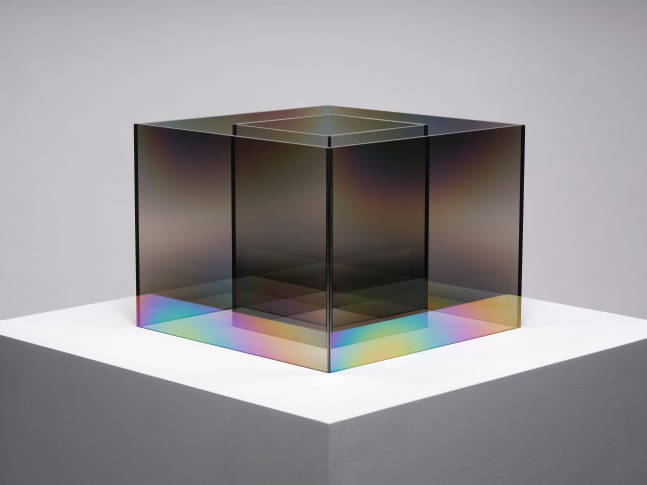Larry Bell UNTITLED COATED SS (Mist), 2020 Laminated glass coated with inconel and silicon monoxide Overall dimensions: 12 x 16 x 16 inches 30.48 x 40.64 x 40.64 cm