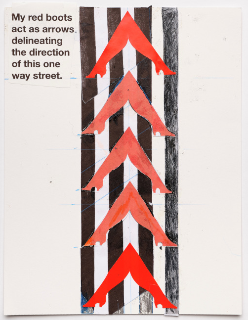 Barbara Stauffacher Solomon Red Boots Ink, colored pencil, collaged onto heavy paper 11 x 8.5 inches 28 x 21.6 cm