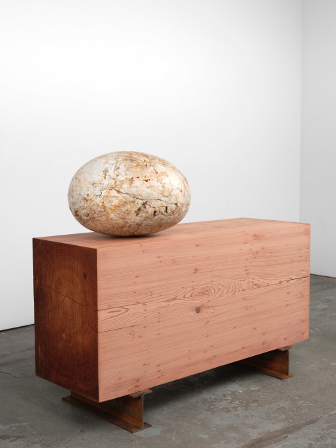 Jesse Schlesinger ants and pebble In the thin loam, each rock a word a creek washed stone Granite: ingrained., 2025 Redwood (salvaged), granite and steel 47 x 55 x 18 inches 119.4 x 139.7 x 45.7 cm