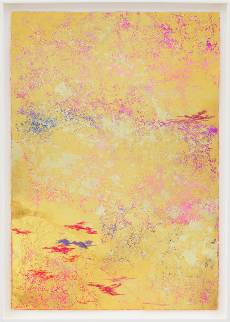 Jessie Henson Repair (Hold Up), 2023 16, 18 and 24K gold with Beva, acrylic gouache, and polyester thread on paper in 2 parts Framed Dimensions: 63 7/8 x 45 1/2 x 2 3/8 inches 162.1 x 115.4 x 6 cm Paper Dimensions: 60 x 41 inches 152.4 x 104.1 cm