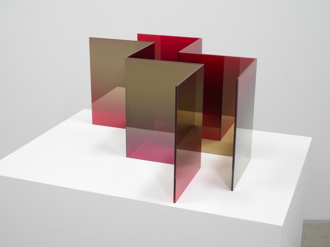 Larry Bell Red Experiment, 2021 Laminated glass coated with Titanium 16 x 30 x 30 inches 40.6 x 76.2 x 76.2 cm
