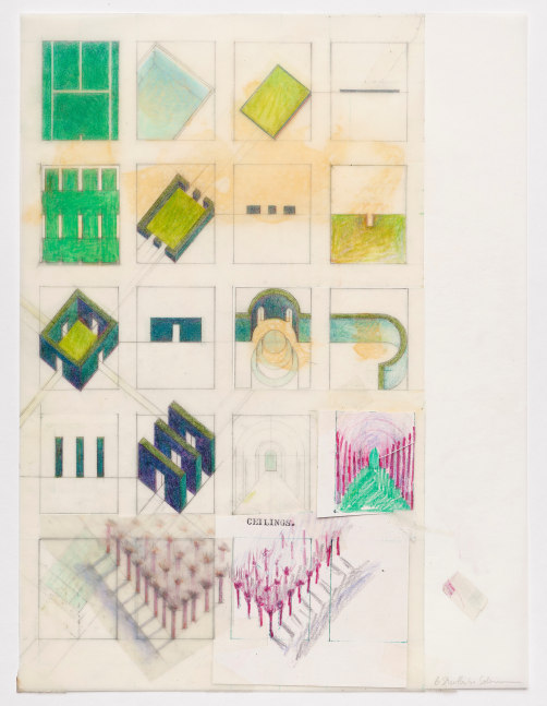 Barbara Stauffacher Solomon Untitled (Green Courts, Passages &amp; Ceilings), 1980s Graphite, colored pencil, scotch tape, paper, vellum 11 x 8.5 inches 28 x 21.6 cm
