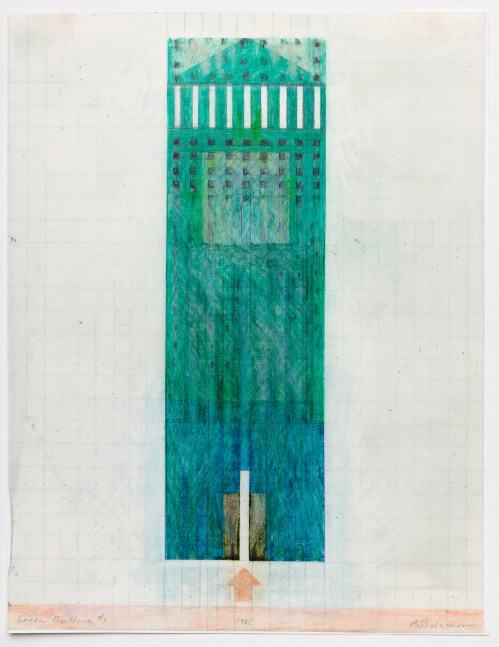 Barbara Stauffacher Solomon Green Building #1, 1985 Colored pencil, graphite, vellum 11 x 8.5 inches 28 x 21.6 cm